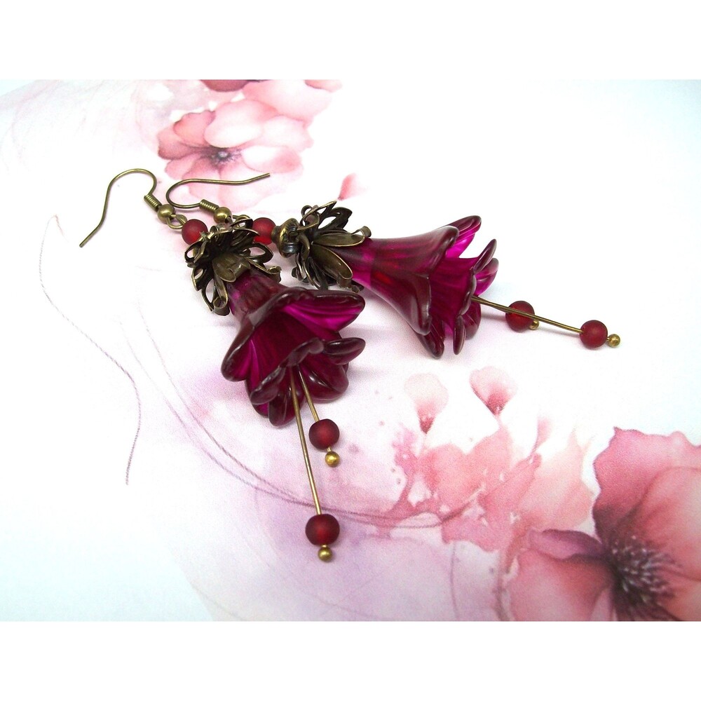 Art Nouveau Earrings Vintage Style, Burgundy Flowers, Bronze, Artisan Crafted Fl